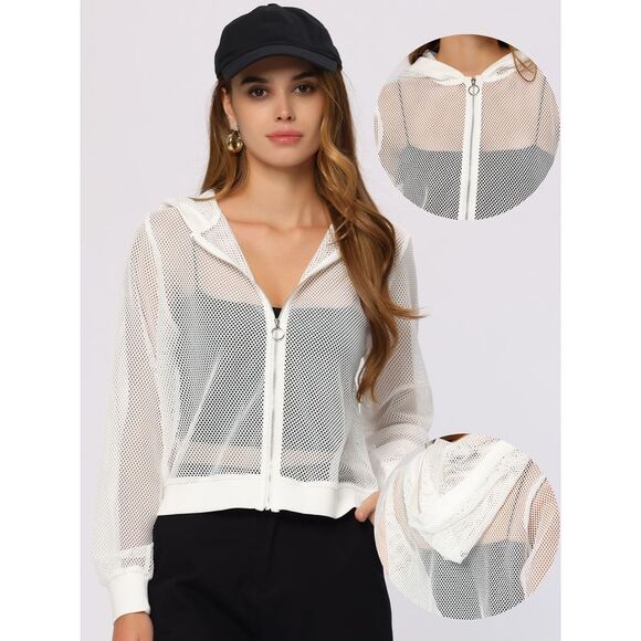 Hoodie Jacket Zip Up Long Sleeve Mesh Sheer Bomber Jackets White - Picture 2 of 6